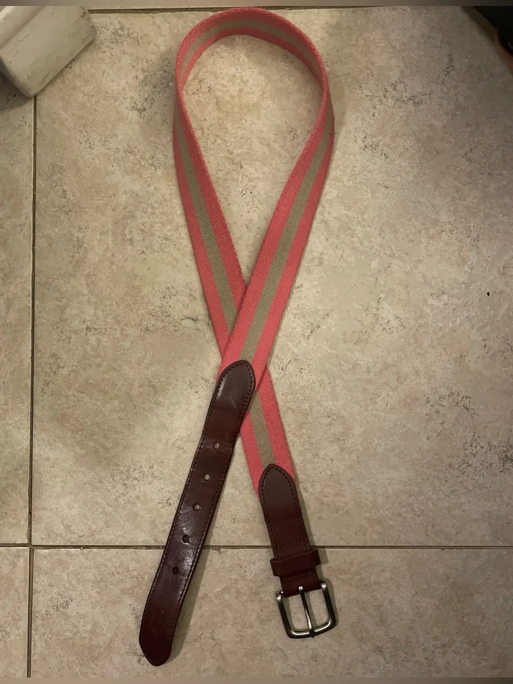 Vineyard Vines Pink/Coral and TanStriped Accent Ribbon Surcingle and Leather Men